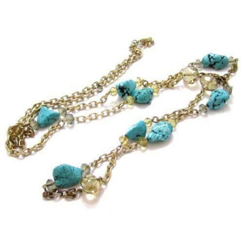 48" Long Gold Plated Smokey Quartz Crystal Simulated Turquoise Gemstone Necklace